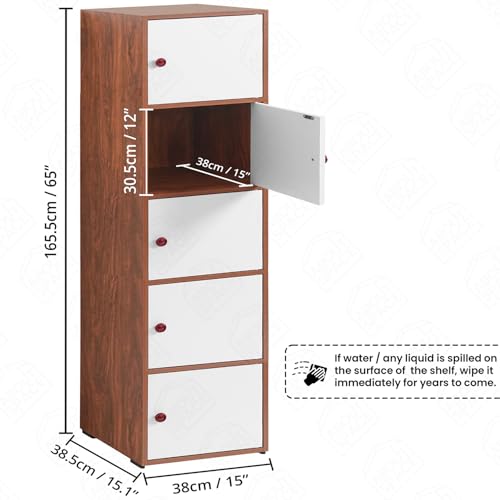 Image of ABOUT SPACE Wooden Cabinet - 5 Tier Storage Cabinet for Living Room with Magnetic Door, Space Saving Book Self for Home, Engineered Wood Kitchen Crockery Unit (Oak Red - L 38 x B 38.5 x H 165.5 cm)