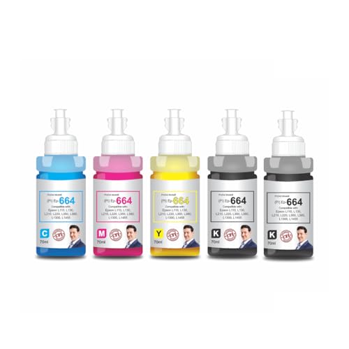 Image of ProDot ProSeries Ep-664 Inkjet Ink Refill Compatible with Epson L100, L130, L210, L220, L300, L310, L350, L355, L360, L380, L485, L565, L655, L1300, L1455 Ink Tank Printers (70 ml, CMYKK)
