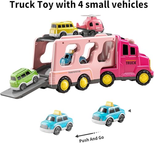 Image of Mini Explorer 5 in 1 Girls Toddler Truck Toys for 3 4 5 6 Year Old, Friction Powered Vehicle Car Set for Toddlers 3-6, Carrier Toys for Kids 3-5, Christmas Birthday Gifts for Boys Age 3-9