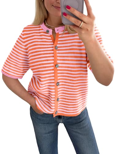 Saodimallsu Womens Short Sleeve Cardigans Lightweight Striped Button Down Crew