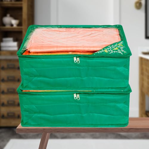 Image of Kuber Industries Saree Cover with Zip Closure | Clothes Storage Bag for Wardrobe Organiser | Transparent Top Saree Cover | Side Embroidery-Design | 9 inch | Pack of 2 | Green