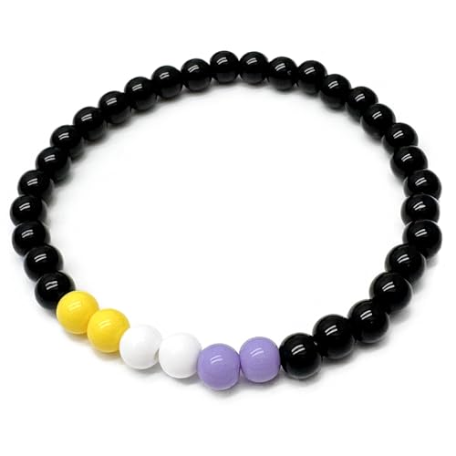 Vilda Jewellery Non Binary Flag Bead Bracelet, 6mm Yellow White Lavender and Black Acrylic Beads, LGBT Pride Awareness : Size Small/Medium 7 inches, Jewelry Gift for Enby