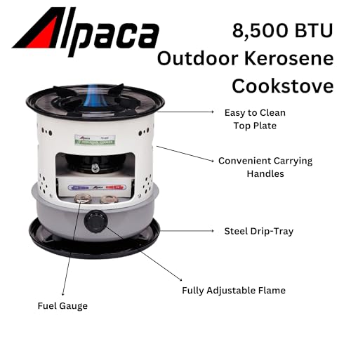 Alpaca Kerosene Cook Stove, 8,500 BTU, Steel Drip Tray, Carry Handles, Pot & Pan Supports - for Camping or Outdoor Cooking, Emergency Use
