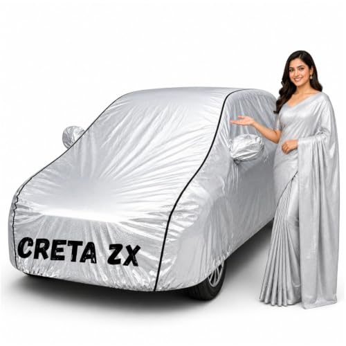 Image of Waterproof Car Body Cover for Creta ZX All Weather Protection Comes with Inner Cotton Lining & Triple Stitched with Mirror & Antenna Pocket Belt & Elastic Fit Metallic Silver with Black Piping