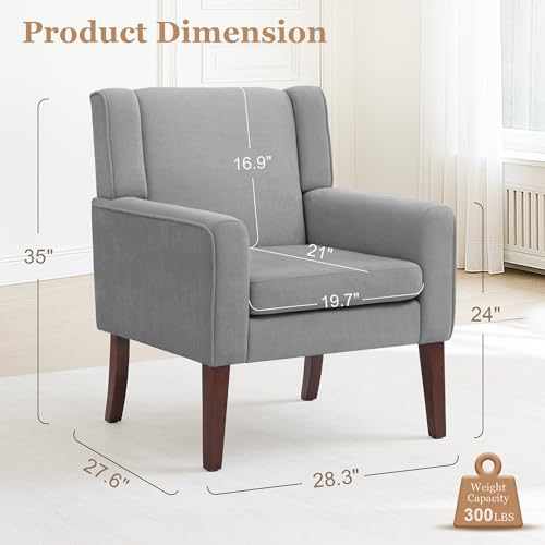 Image of Accent Chairs for Living Room, Mid-Century Reading Chair with Wood Legs, Upholstered Comfy Living Room Chair for Bedroom, Apartment, Waiting Room, Light Grey