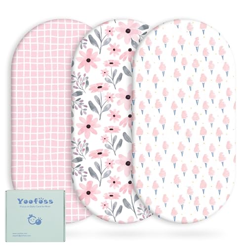 Image of Yoofoss Bassinet Sheets for Baby,3-Pack Fitted Bassinet Sheets Set Compatible with Halo Bassinest Swivel Sleeper,Baby Delight,Angelbliss,Soft Breathable Bassinet Mattress Sheets (Pink+Floral)
