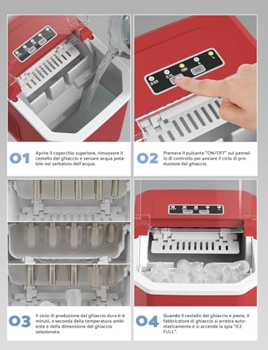 Macchina Ghiaccio 12Kg/24H, Macchina Del Ghiaccio Casa Autopulente 1,5L, Macchina Per Il Ghiaccio Professionale, Pronto In 6 Minuti, Con Maniglia/Silenzioso/Paletta/Cestello, Rosso - 8