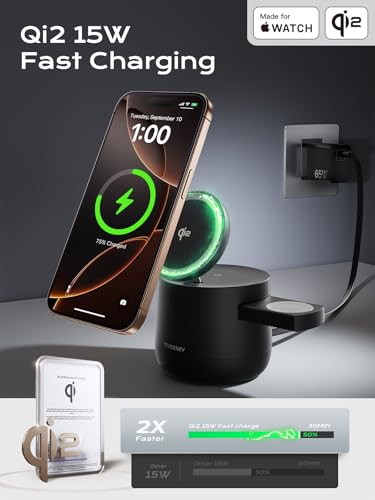 Image of THREEKEY 4 in 1 Qi2 Magnetic Wireless Charging Station, 15W Fast Charger with Made for Apple Watch Charging Module, for iPhone 17-12 Series & AirPods, 65W Adapter Included