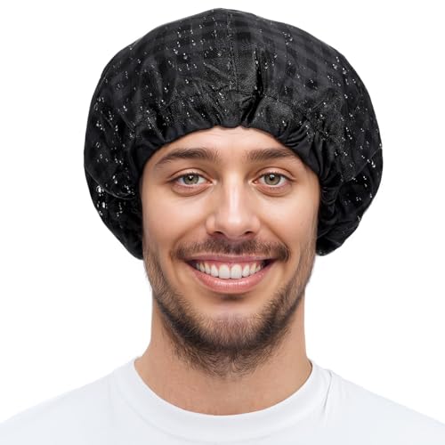 Ymapinc Cuffia da doccia nera riutilizzabile impermeabile, cuffia da doccia da uomo, cuffia regolabile per capelli grandi per doccia, reversibile foderata in spugna, fascia elastica, orlo