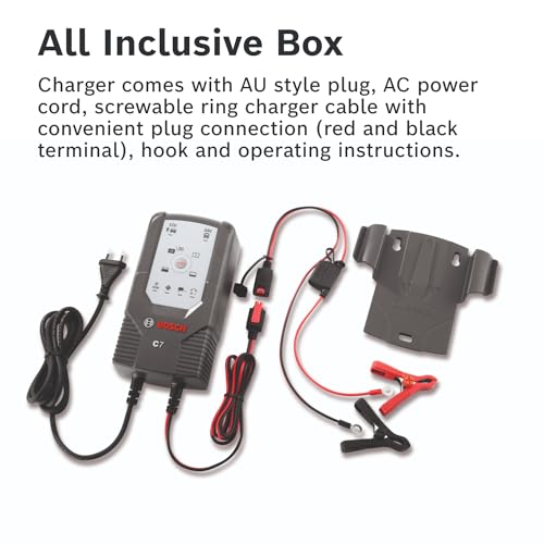 Image of Bosch C7 Intelligent and Automatic Battery Charger (12V-24V /7A) with AU Style Plug for Lead-Acid, Wet, Gel, EFB and AGM Batteries Used in Various Vehicles