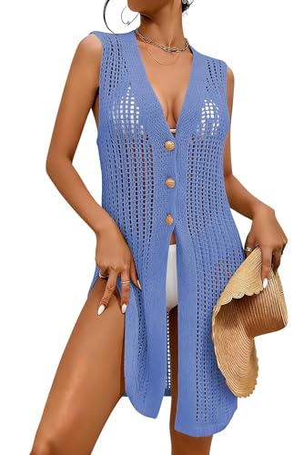 Image of Cakulo Womens Crochet Cardigan Summer Sleeveless Hollow Out Long Vest 2026 Boho Beach Vacation Swim Cover Up