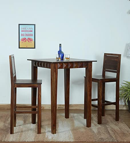 Image of Solid Wood Diamond Design Bar Dining Table Set for 2 Person /Wooden Bar Dining Table with Chairs (Solid Sheesham Wood, 2 Seater, Teak Finish)