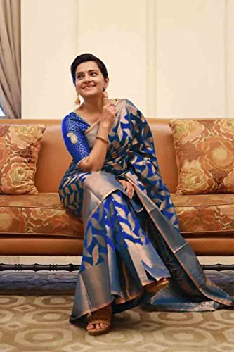 Flosive Women's Present Banarasi Soft Lichi Silk Saree Beautiful Jacquard Rich Pallu Design Work Zari Woven Kanjivaram Silk Style Saree 4539 With Soft Lichi Silk Blouse Piece (Blue).