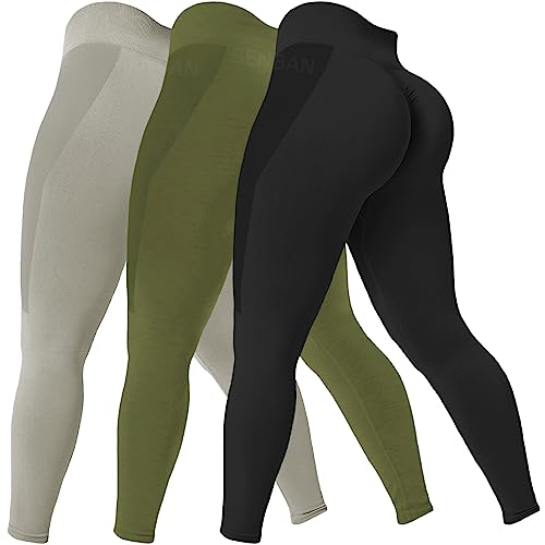 SENBAN 3 Piece Seamless Scrunch Leggings for Women High Waist Workout Athletic Yoga Pants Butt Lifting Booty Tights Small Black Olive Lightgrey