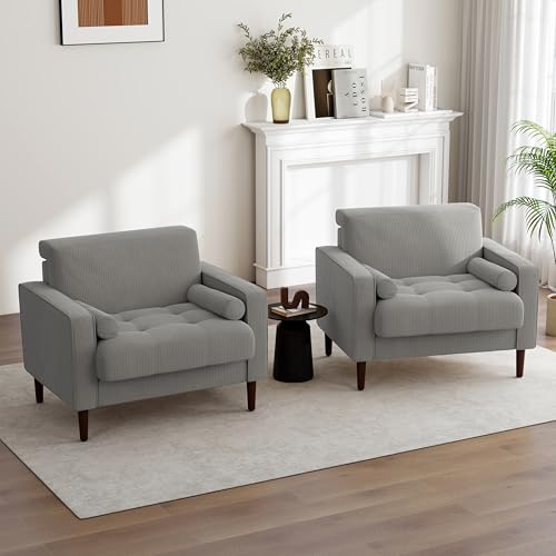 Image of Corduroy Accent Chairs Set of 2, Modern Upholstered Living Room Arm Chair Bedroom Reading Armchair with Bolster Pillows, Mid-Century Track Armrest Tufted Single Sofa Seat (Light Gray)