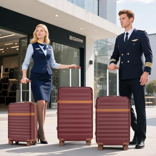 Kono Luggage Set 3 Pieces Expandable PC ABS Durable Suitcase Hardside with Double Spinner Wheels Tsa Lock Burgundy(20in/24in/28in)2