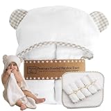 Channing & Yates Premium Boutique Hooded Baby Towels and 6 Washcloth Set - Organic Viscose Made from Bamboo Baby Towel with Hood Gift Bundle (Beige Set)