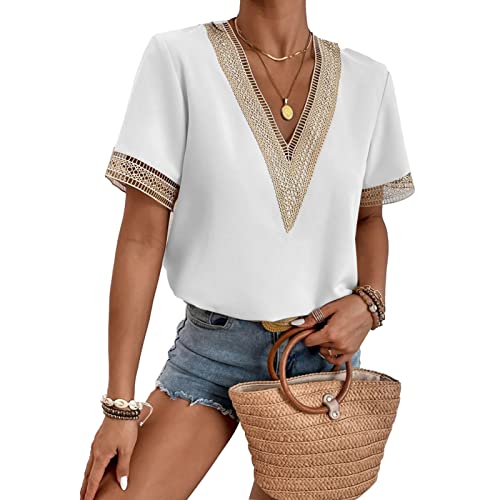 Blusas femininas blusas de verão elegantes gola V renda crochê manga curta camisas de verão camisa s
