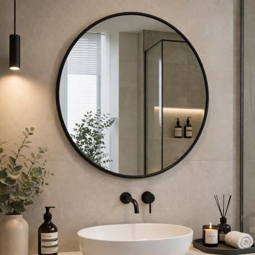 Image of Sidra Decor Modern Round Wall Mirror with Black Metal Frame | Wall Mounted Decorative Mirror for Bedroom, Bathroom, Entryway | HD Vanity Mirror wash Basin (Black 22 Inch)