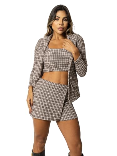 Women's 2 Piece Tweed Cropped Blazer and Skorts Skirt Set, Business Casual
