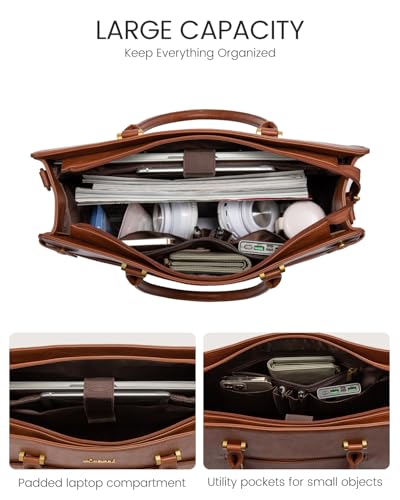 LOVEVOOK 17 Inch Laptop Tote Bag For Women Teacher Work Bag, Leather Computer Bags For Laptops For Women, Vintage Waterproof Laptop Bag Business Briefcase Office Large Shoulder Handbag Purse, Brown3