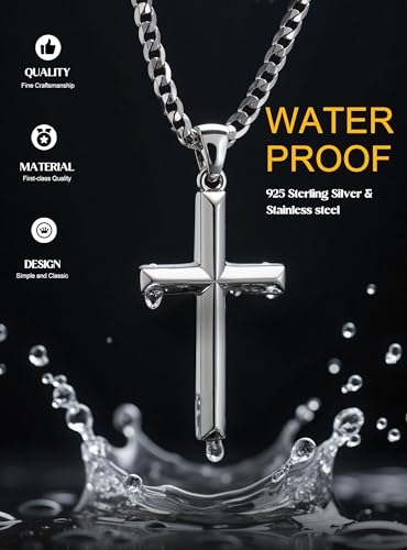 925 Sterling Silver Cross Necklace for Men - Layered Cross Pendant Necklaces Waterproof Stainless Steel Cuban Link Rope Chain Silver Necklace Stack Jewelry with Gift Box 16-30 Inches3