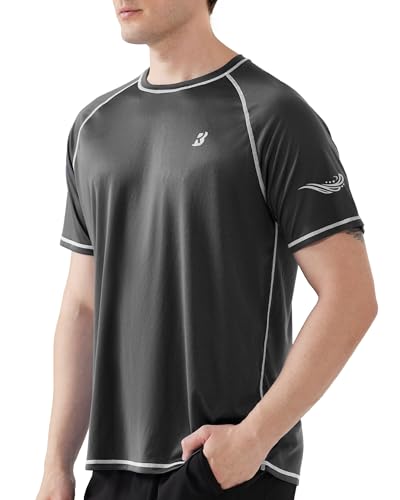 Roadbox Men's Swim Shirts Short Sleeve, SPF UPF 50+ Sun Protection Quick Dry Rash Guard Water T-Shirts, Moisture Wicking Tee Tops for Fishing Surf Beach (Dark Gray,XL)