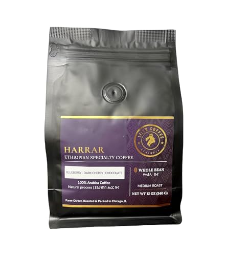 Lily's Coffee Ethiopian Harrar, Natural Process, Whole Bean, Single-Origin, Medium Roast,100% Arabica Beans, Notes of Blueberry, Dark Chocolate and Soft spice, 12oz Bag