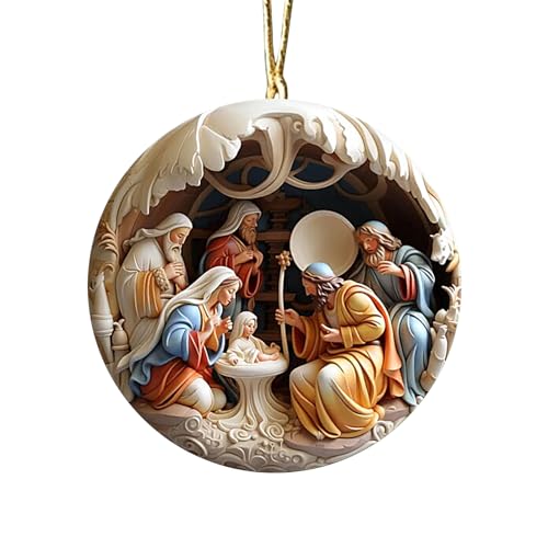 Julkrubba juldekorationer krubba 3D-hänge | 2D-akryl Jesus ornament rund krubbornament