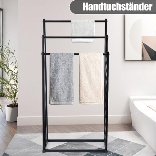 Handtuchhalter Stehend, Stabil Badetuchhalter mit 3 Handtuchstangen, Handtuchständer Freistehend, Handtuch Ständer aus Metall, Freistehender Handtuchhalter für Bad, Schwarz