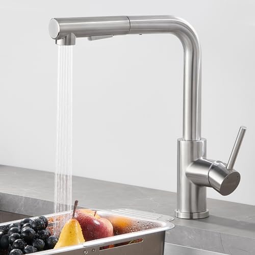 WOOHSE Wasserhahn Küche Ausziehbar, 360°Drehbare Küchenarmatur mit Brause Ausziehbar, Hochdruck Spültischarmatur mit 2 Strahlarten, Armatur aus Edelstahl, Gebürstet, Mischbatterie
