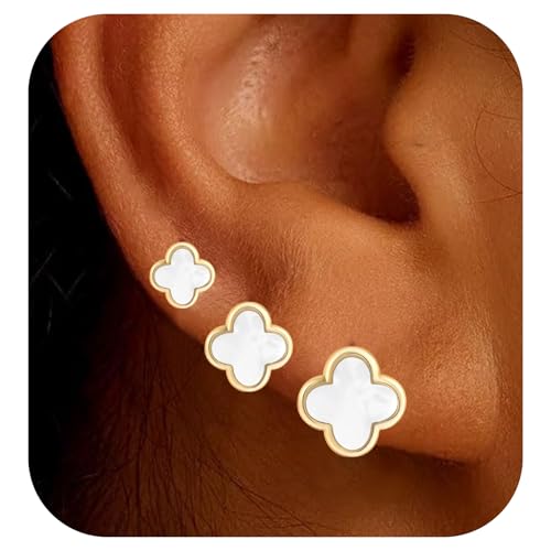 Clover Earring 3 Pair Small Clover Stud Earrings for Women Four Leaf Hypoallergenic Earrings Sensitive Ears for Birthday Christmas Anniversary Lucky Gifts (Gold/Clover Stud Earrings/White)2