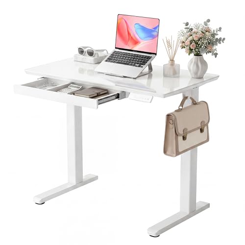 Image of INNOVAR Glass Standing Desk with Drawers 35 x 20 Inch Super White