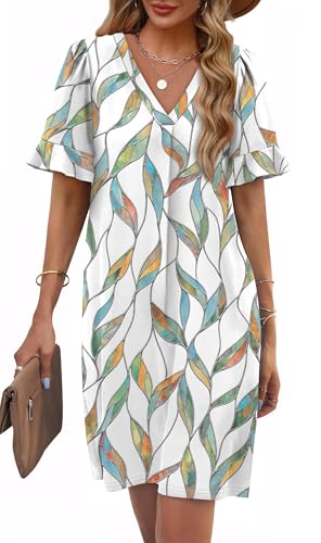 Image of OFEEFAN Summer Dresses for Women Ruffle Short Sleeve V Neck Casual Shift Dress with Pockets