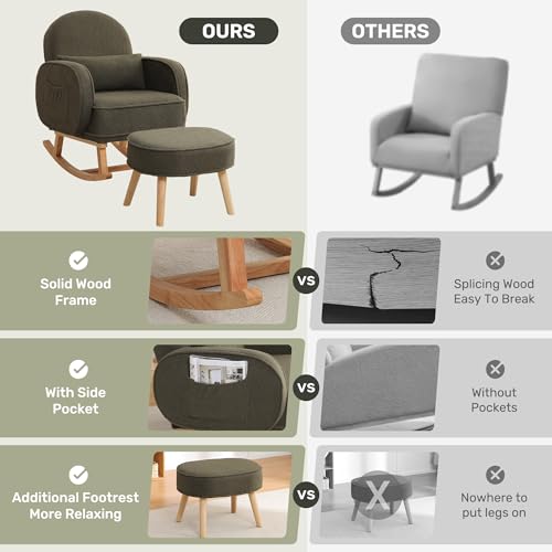 Image of HCHAIRH Rocking Chair with Ottoman, Upholstered Glider Rocker with High Backrest and Side Pocket, Rocking Accent Armchair with Solid Wood Legs for Nursery /Living Room /Bedroom Green