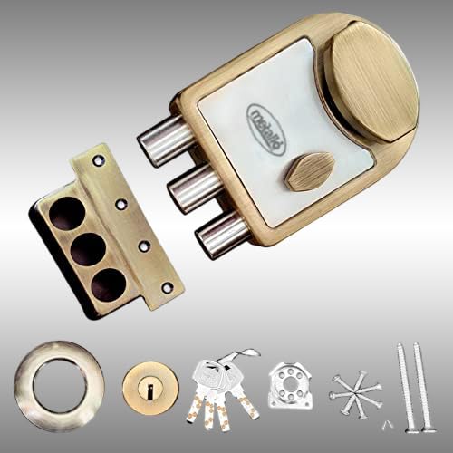 Metallo Plus Latch Tri Bolt Main Door Lock with 4 Reversible Brass Keys | Brass Antique Finish, 12 x 9.5 x 3 cm | Heavy Duty Deadbolt Door Lock, Best Suitable for Double & Single Doors