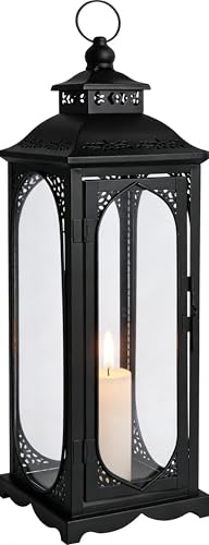 Laterne Schwarz für Kerzen Deko 35 cm Gartenlaterne Metall für Draußen Windlichter Outdoor Grablaterne Friedhof Wetterfest Laternen Vintage für Drinnen Garten Terrasse Halloween Weihnachten