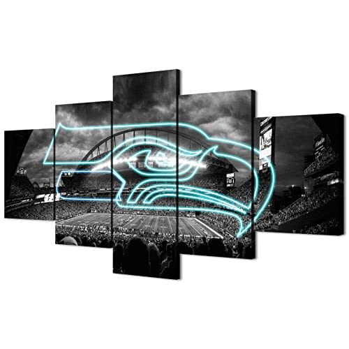 (60X100CM/5PCS) Frame Canvas Print Poster - American football Seattle Field Stadium with Neon Seahawks badge - Original Black and White Sports Wall Art for Home and Office Decor
