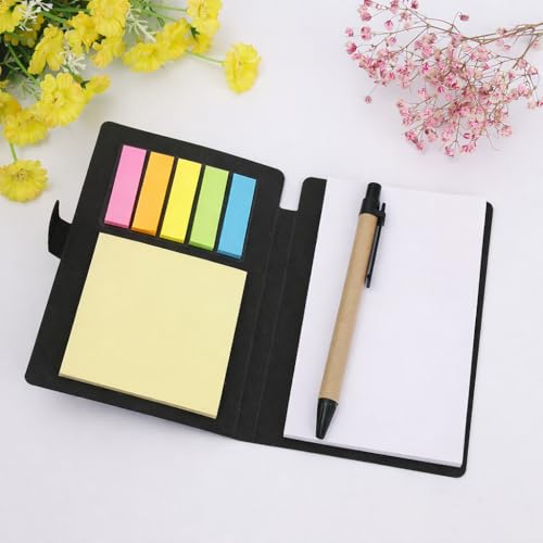 Image of AccuPrints Compact Sticky Notes Organizer with Pen Holder Black Paper Cover Colorful Sticky Tabs Button Closure 15.3x10cm