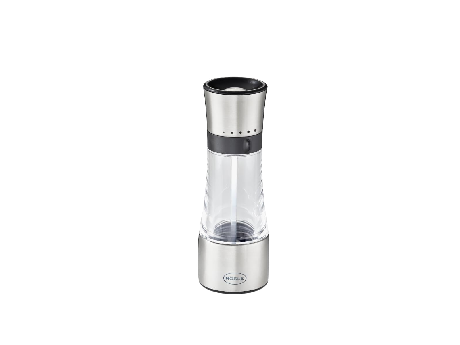 RÖSLE Gewürzmühle, Hochwertige Salz-/Pfeffermühle mit verstellbaren Mahlstufen für trockene Gewürze, einfaches Nachfüllen, Edelstahl 18/10, Silberfarben, Schwarz, Transparent