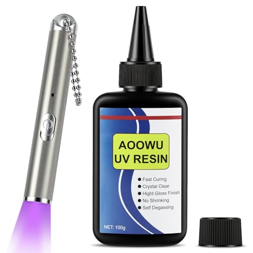 AOOWU UV Harz mit Lampe 100g UV Kleber Epoxidharz mit wiederaufladbarer Taschenlampe UV Resin Set mit 395nm 5 Sekunden Schnellhärtung für Schmuck Glas Kunststoff & Harz Transparenter UV
