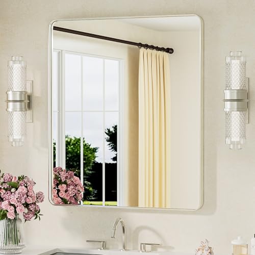 Image of TETOTE Brushed Nickel Bathroom Mirror 30 x 36 Brushed Nickel Metal Framed Bathroom Mirror, Tempered Glass, Modern Farmhouse Wall Mounted Mirror for Decorative(Horizontal /Vertical)
