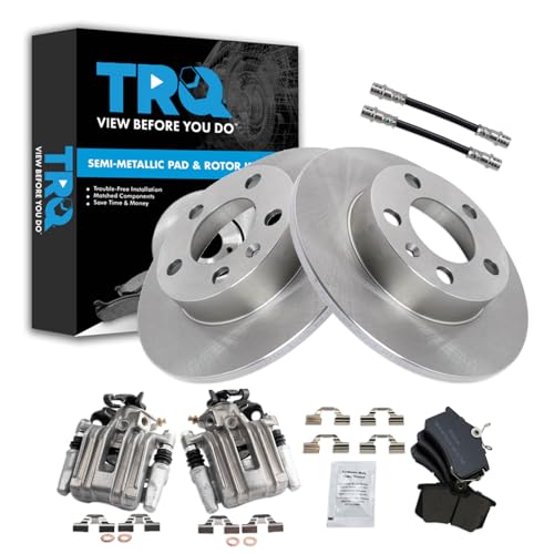 Image of TRQ Rear Brake Pad and Rotor Set Semi Metallic Rotors Calipers Compatible with 2007-2010 Volkswagen Beetle 1999 Golf