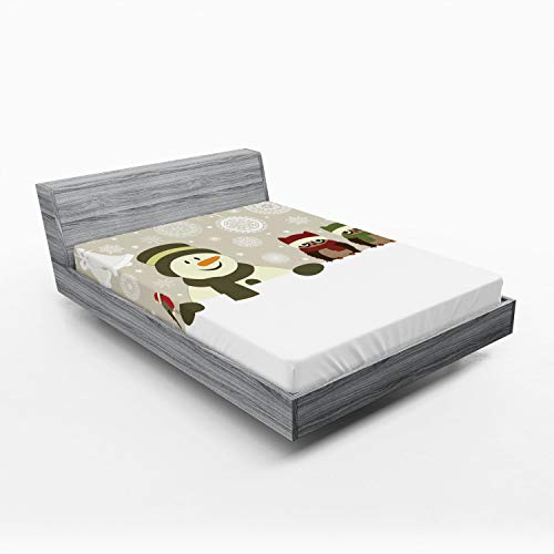 Ambesonne Christmas Fitted Sheet, Snowman Owls in Snowy Winter Day Jingle Bells Snowflake Image, Soft Decorative Fabric Bedding All-Round Elastic Pocket, Full Size, Cream White