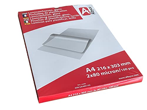 Caja de 100 fundas plastificadoras A4 Albyco de 2x80 micras en su empaque original