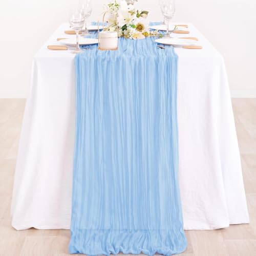 Image of MLMC Light Blue Table Runner Baby Blue Cheesecloth Table Runner 10ft Baby Shower Decorations Rustic Gauze Cheese Cloth Centerpiece 35x120 Inches for Gender Reveal Birthday Party Wedding Decor