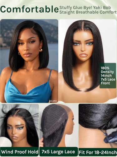Image of KLAIYI Yaki Straight Bob Wig Human Hair Glueless Precut 7x5 Lace Wig 14Inch | Bye Bye Slip Drawstring 180% Density Pre Plucked Bleached Knots Pre Eeverything Lace Front Wigs 30S Ready to Wear and Go Wig
