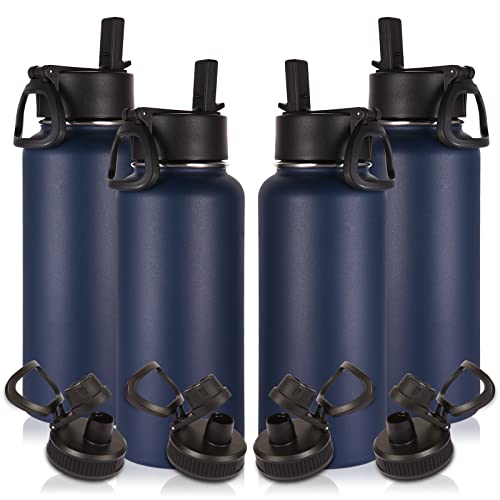 Image of Volhoply 32 oz Insulated Water Bottles Bulk 4 Pack with Straw Lid & Spout Lid,Stainless Steel Sports Water Bottle,Double Wall Vacuum Cups,Leakproof Wide Mouth Metal Flask for Hiking,Camping(Navy,4)