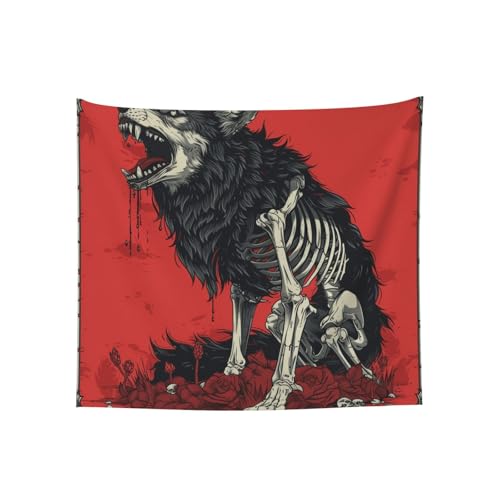 Tapisserie loup noir motif squelette rouge effrayant tissu 152x130 cm