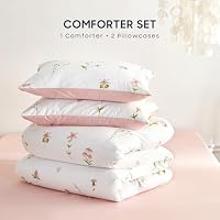 Wake In Cloud - Floral Comforter Set, Cottagecore Cute Aesthetic Watercolor Tiny Flowers and Leaves, Soft Lightweight Bedding for Women Teen Girls, 3 Pieces, Pink, Queen Size — image 3
